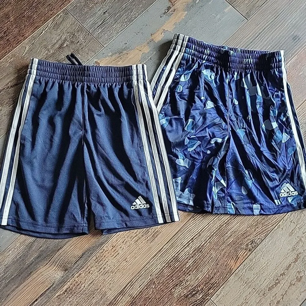 2 Pair Shorts Boys Navy/Wht Bl Camo Striped Football Soccer SZ 8 NWOT B14